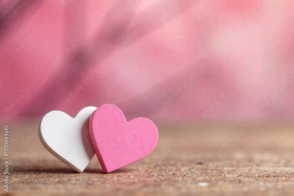 Fototapeta premium white and pink hearts stand on a simple wooden background with space for text. Valentine's Day background