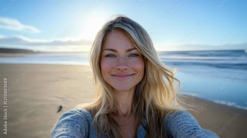 Smiling woman enjoying a sunny day on the beach taking selfies, with clear blue skies and the ocean in the background. Perfect for concepts of happiness, summer vacations, and carefree moments. Smiling woman enjoying a sunny day on the beach taking selfies, with clear blue skies and the ocean in the background. Perfect for concepts of happiness, summer vacations, and carefree moments.