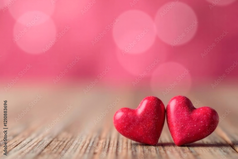 background with place for text for Valentine's day from two red hearts on a pink blurred background with pink bokeh background with place for text for Valentine's day from two red hearts on a pink blurred background with pink bokeh