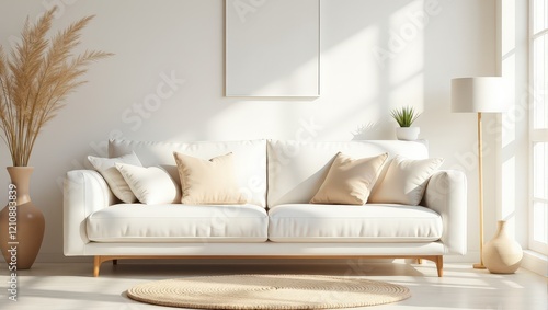 A pristine white leather couch sits elegantly in a luminous white room, accompanied by a soft beige round rug beneath. Adorned with four plush cushions and additional pillows, it exudes cozy sophistic photo