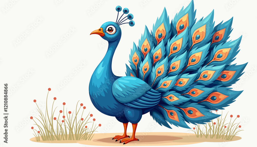 Fototapeta premium Colorful peacock displaying feathers in a grassy landscape