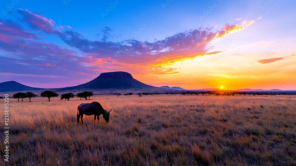 Wildebeest Grazing in African Savanna at Sunset Wildebeest Grazing in African Savanna at Sunset