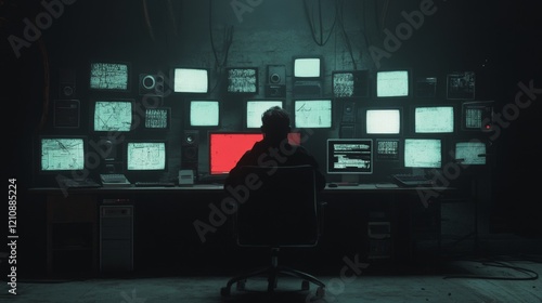 Hacker at work in a dark room, surrounded by many computer screens displaying data. photo