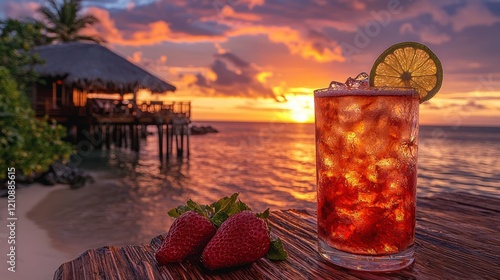 Fototapeta Naklejka Na Ścianę i Meble -  Tropical sunset beach bar cocktail drink