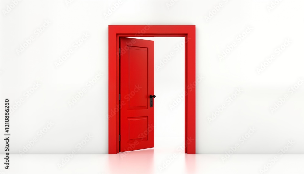 Red open door against white wall. Modern interior design. Concept of opportunity, entryway. Empty room with bright light. Simple architecture. Design element for home apartment. Contemporary style. Red open door against white wall. Modern interior design. Concept of opportunity, entryway. Empty room with bright light. Simple architecture. Design element for home apartment. Contemporary style.