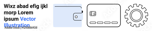 Wallet, credit card with chip, and gear icons symbolize online payment and financial management. Ideal for fintech solutions, banking apps, e-commerce, financial security, online transactions