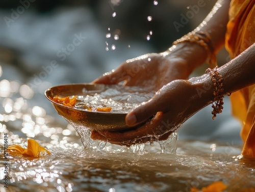 Hands in flowing river hold a golden bowl filled with water and flower petals photo