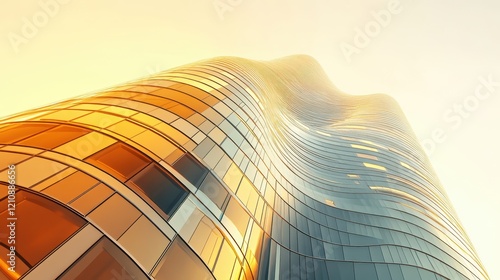 A modern building with an organic, wavy design and warm lighting during sunset.