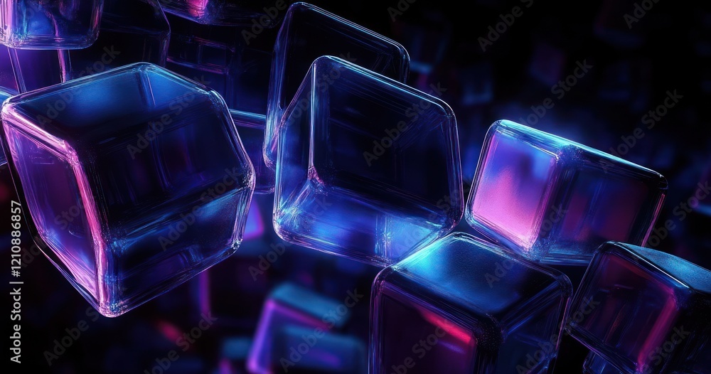 Futuristic Abstract Composition of Translucent Cubes in Dark Space with Neon Lights and High Contrast Reflections Futuristic Abstract Composition of Translucent Cubes in Dark Space with Neon Lights and High Contrast Reflections