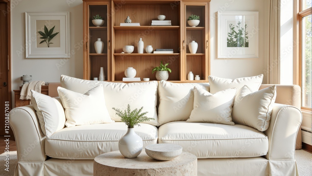 Elegant white leather couch adorned with plush pillows and paired with a chic round stone table. A serene green plant rests elegantly in a matching white vase atop the table Elegant white leather couch adorned with plush pillows and paired with a chic round stone table. A serene green plant rests elegantly in a matching white vase atop the table