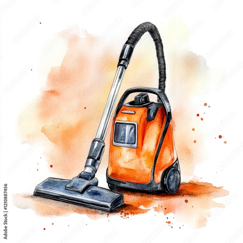 Fototapeta premium Handheld vacuum is presented in a watercolor style, highlighting its sleek design and unique texture against a clean white backdrop, emphasizing its compact form
