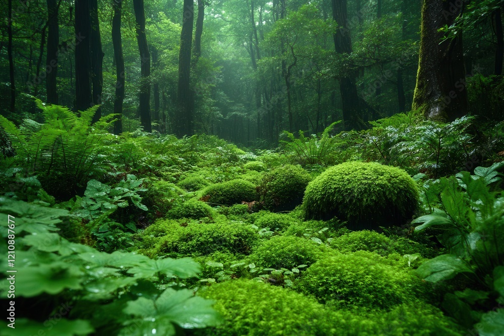 Fototapeta premium dense vibrant forest teeming with a variety of plants and trees showcasing rich green moss and fern foliage creating an enchanting ecological environment