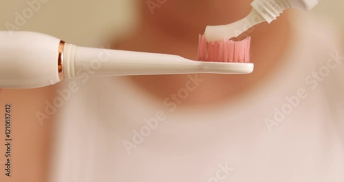close up 4k woman mouth smiling using electric toothbrush and toothpaste. beautiful whitening smile, lips. natural teeth. dental care concept. oral hygiene, daily routine,morning or evening procedure