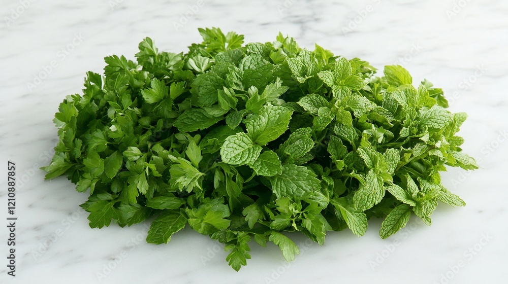 Fresh mint and parsley pile on marble, cooking background Fresh mint and parsley pile on marble, cooking background