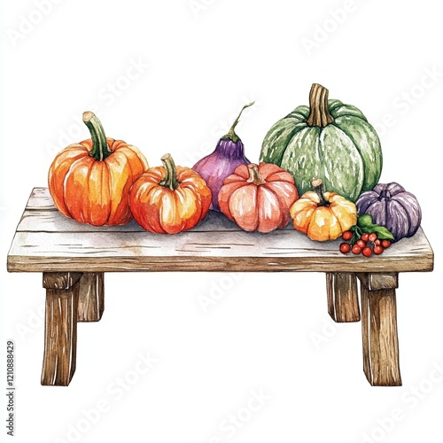 A harvest table displays an array of vibrant pumpkins in various shapes and colors, illustrating the bounty of the season with a watercolor technique and fine details photo