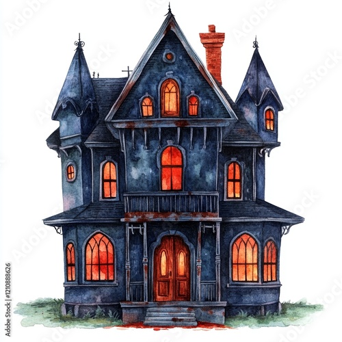 This haunted house exhibits intricate architectural details with vibrant colors, a spooky atmosphere, and glowing windows that evoke a sense of eeriness photo