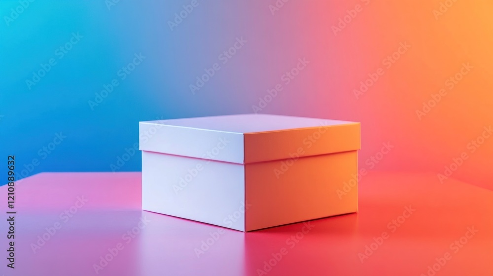 White box on table, vibrant background, product display White box on table, vibrant background, product display