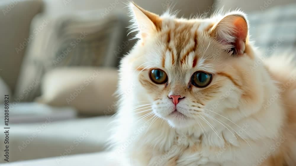 Fluffy persian cat relaxing indoors on cozy sofa in sunlit living room AI Fluffy persian cat relaxing indoors on cozy sofa in sunlit living room AI