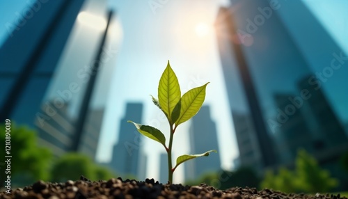 Small plant sprouts from soil in front of modern glass skyscrapers. Eco-friendly corporate initiative. Sustainable growth concept. Leadership strategy for companies. New eco business model. Urban