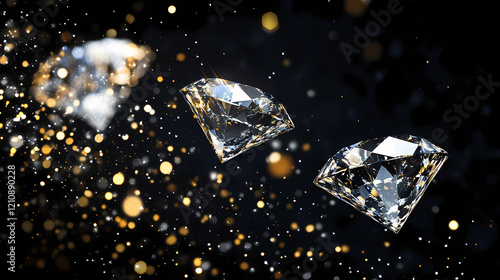 Three diamonds fall in black space, gold and silver glint in front, black background shines with white and gold accents. Diamond Falls. Illustration