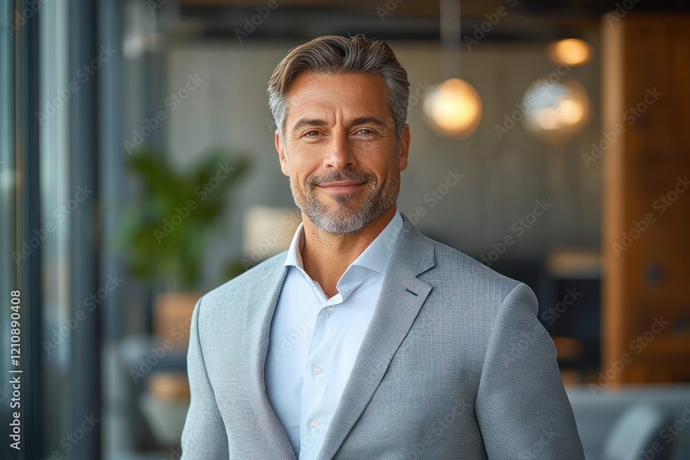 Obraz premium Confident Middle Aged Businessman Portrait in Modern Office Setting with Natural Light