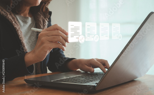 Business Document Review Quality Control Process Management System Technology. Woman use laptop with digital icon for checklist, assurance approval, performance tracking, QC, ISO standard certificate.