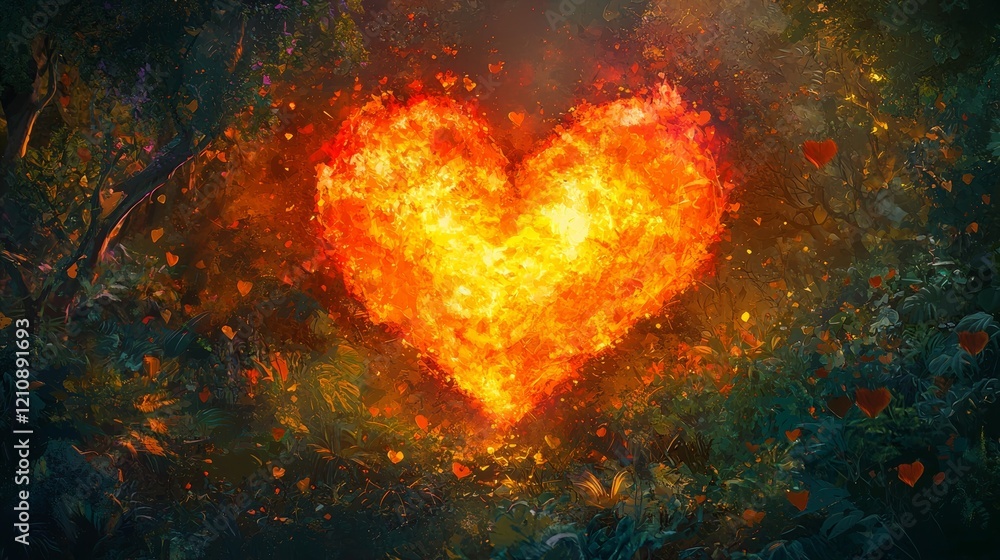 An artistic interpretation of a burning earth, its fire shaped like a giant heart, surrounded by a lush forest with vibrant colors and surreal lighting, mixed media, digital collage An artistic interpretation of a burning earth, its fire shaped like a giant heart, surrounded by a lush forest with vibrant colors and surreal lighting, mixed media, digital collage
