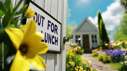 A cozy home with a bright 'Out for Lunch' sign, surrounded by vibrant flowers in full bloom, suggesting a cheerful spring day.