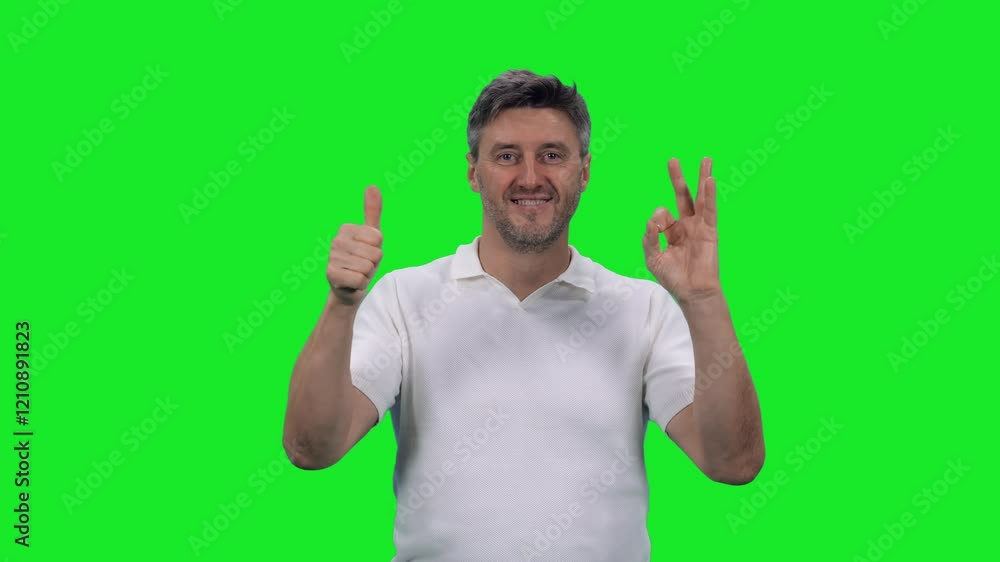 Handsome adult man in white t-shirt giving thumbs up and OK sign on green chroma key background, 4k pre-keyed footage Handsome adult man in white t-shirt giving thumbs up and OK sign on green chroma key background, 4k pre-keyed footage