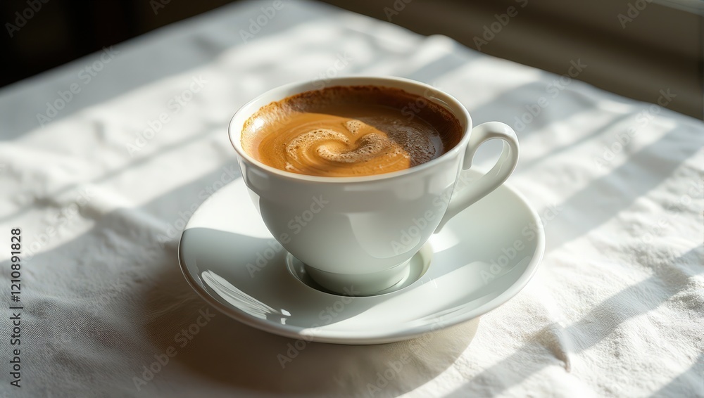 An intimate glimpse of a pristine white coffee cup adorned with a heart-shaped latte art atop steaming brown coffee, cradled by its saucer on a delicate tablecloth—a serene morning tableau An intimate glimpse of a pristine white coffee cup adorned with a heart-shaped latte art atop steaming brown coffee, cradled by its saucer on a delicate tablecloth—a serene morning tableau