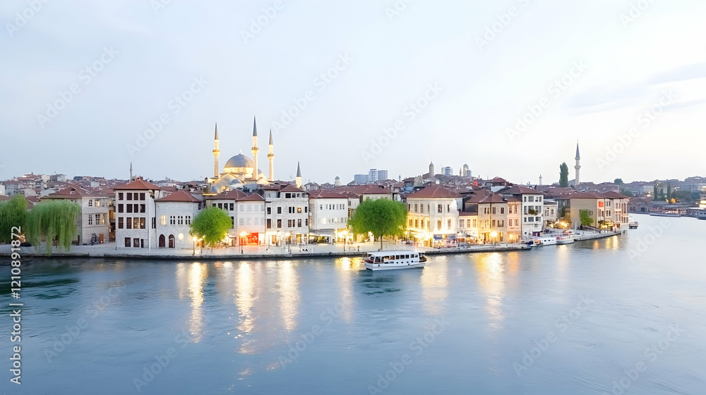 Evening view of waterfront cityscape with mosque, boats, and illuminated buildings reflecting in calm water. Evening view of waterfront cityscape with mosque, boats, and illuminated buildings reflecting in calm water.