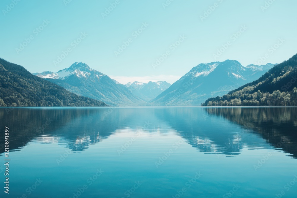 Fototapeta premium Scenic lake surrounded by mountains under a clear blue sky, reflected perfectly in the water.