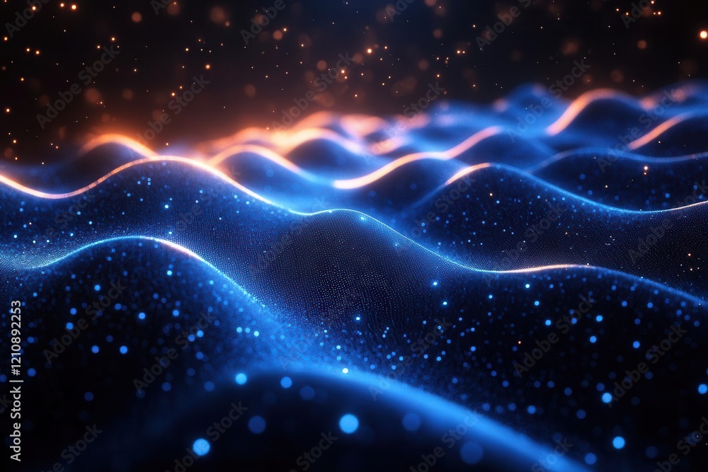 Fototapeta premium digital matrix landscape with flowing data streams in neon blue featuring interconnected nodes and abstract geometric patterns against a deep space background
