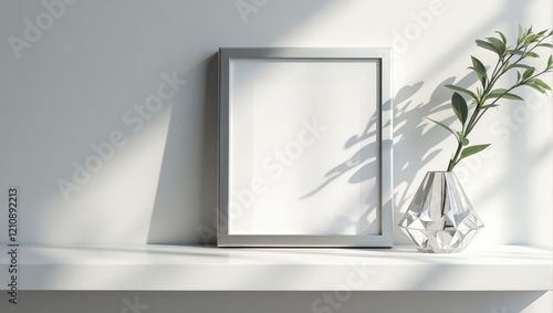 A gleaming silver picture frame sits elegantly on a pristine white shelf, highlighted by its delicate, intricate borders and a perfectly centered composition, capturing the viewer's gaze with its unde photo