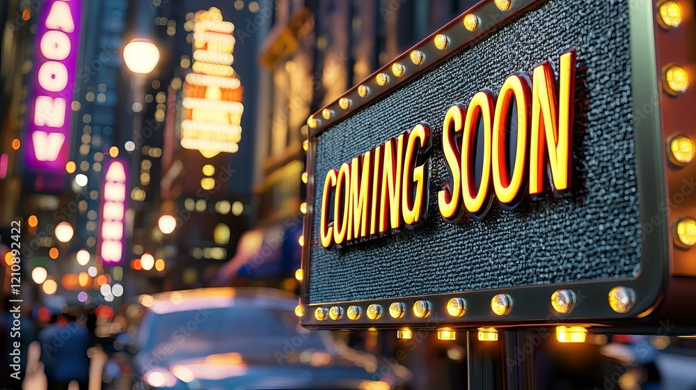Neon sign reading 'COMING SOON' in a bustling city nightlife scene. Neon sign reading 'COMING SOON' in a bustling city nightlife scene.