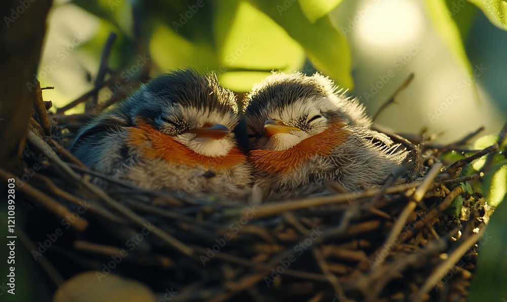 Baby birds sleeping nestled in tree nest, sunlight Baby birds sleeping nestled in tree nest, sunlight