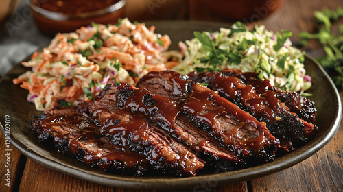 A plate of tender, slow-smoked brisket drizzled with rich BBQ sauce, served alongside creamy coleslaw, with a garnish of fresh herbs for a delicious finish.