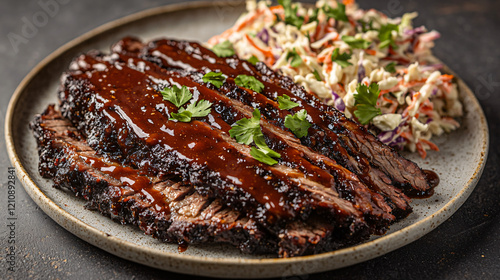 A plate of tender, slow-smoked brisket drizzled with rich BBQ sauce, served alongside creamy coleslaw, with a garnish of fresh herbs for a delicious finish.