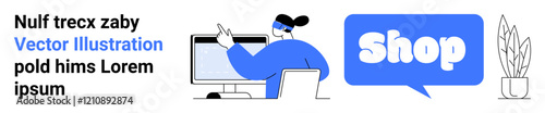 A character using a computer gesturing near a shop sign in blue. Ideal for e-commerce, online stores, digital marketing, advertising, and web design. Banner for landing page