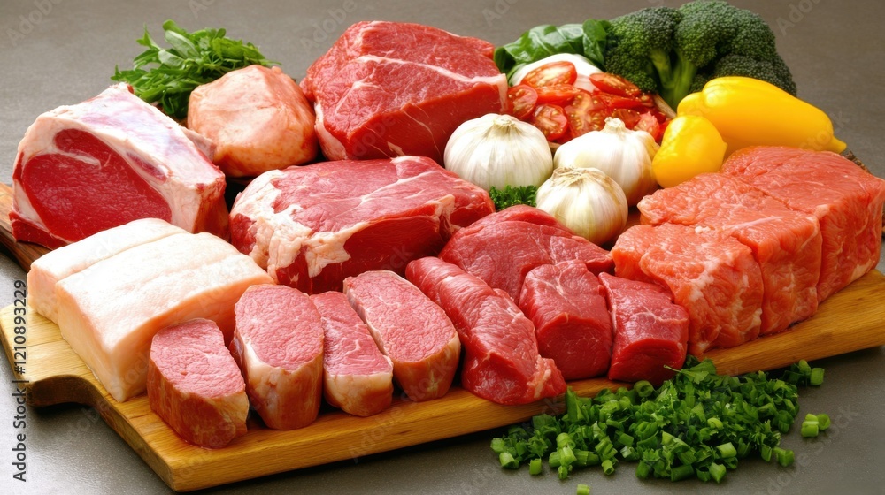 Assorted Fresh Meat Cuts Including Beef, Pork, and Vegetables on a Wooden Cutting Board Ready for Cooking and Meal Preparation Display Assorted Fresh Meat Cuts Including Beef, Pork, and Vegetables on a Wooden Cutting Board Ready for Cooking and Meal Preparation Display