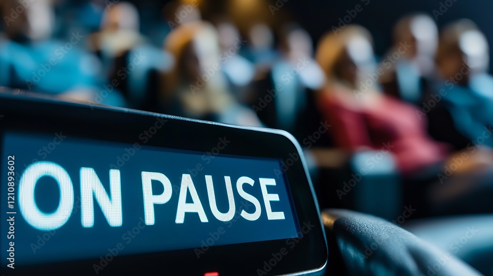 Close-up of a cinema screen displaying 'ON PAUSE' with audience blurred in the background. Close-up of a cinema screen displaying 'ON PAUSE' with audience blurred in the background.