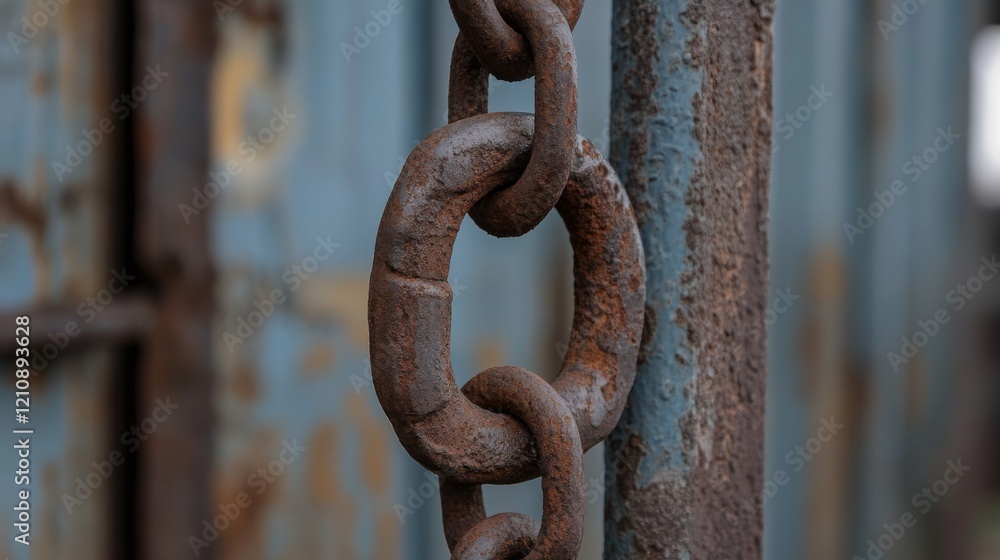 Close-up of a rusty chain link attached to a weathered metal post. Close-up of a rusty chain link attached to a weathered metal post.