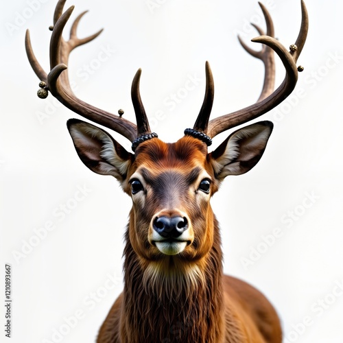 Close-up portrait of deer head with large antlers. Deer head stares directly at viewer. Animal decorative bands on antlers. Image shows detailed fur. Wild animal head close-up. Animal in nature. photo