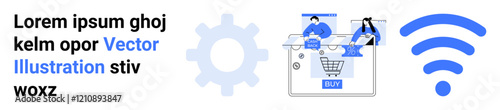 Users browsing an online store on a large screen, gear wheel indicating settings, wireless icon. Ideal for e-commerce, online shopping, teamwork, technology solutions, web development, digital