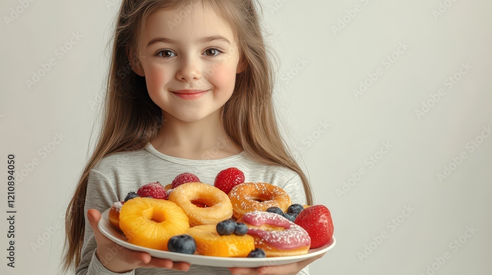 Smiling young girl holding a plate of colorful donuts and fresh fruits Smiling young girl holding a plate of colorful donuts and fresh fruits