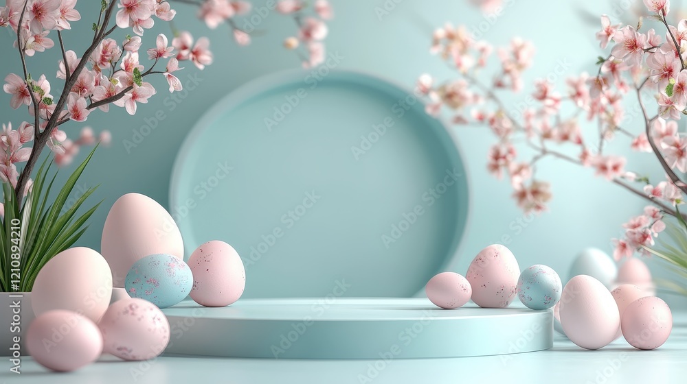Fototapeta premium Elegant easter background with round podium and pastel decor for celebration and design