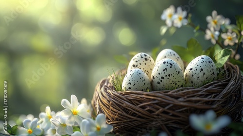 Decorative easter eggs in a basket with spring flowers for holiday celebration