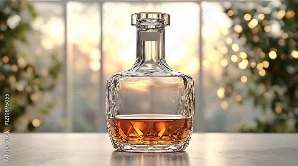 Crystal decanter with amber liquid on table. Crystal decanter with amber liquid on table.