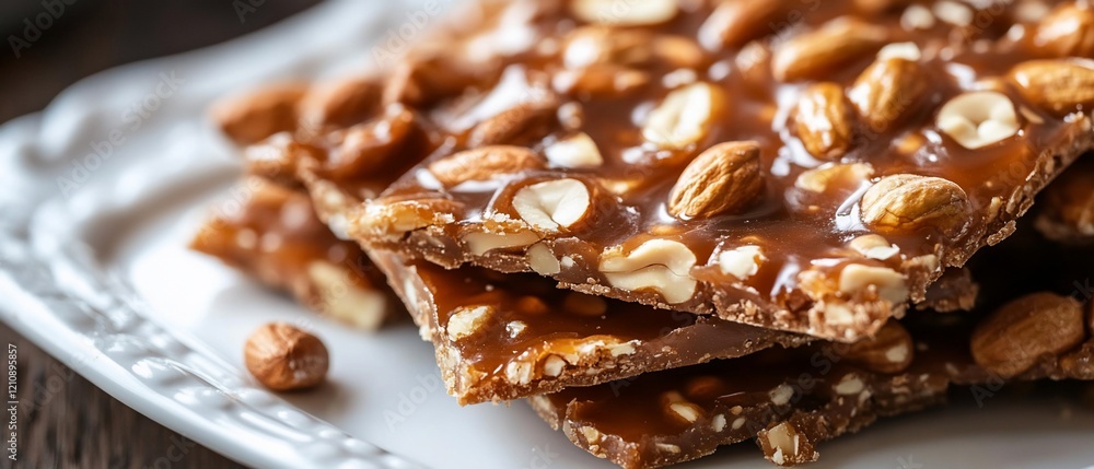 Caramel nut brittle on plate, close-up. Sweet treat Caramel nut brittle on plate, close-up. Sweet treat