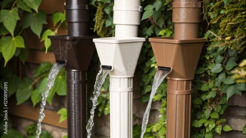 A closeup image showcasing various types of downspout diverters capturing the water flow as it channels into a collection system with a backdrop of green foliage. photo